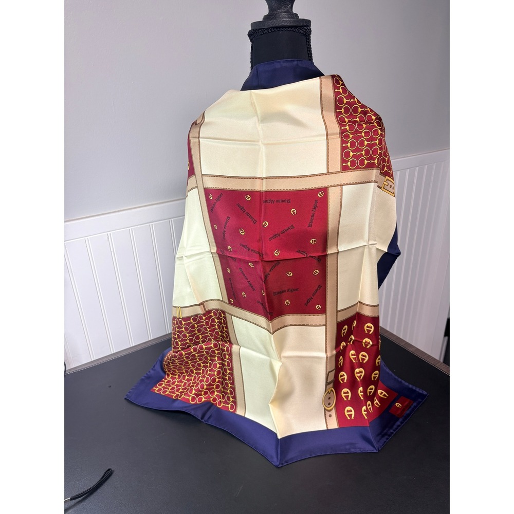 Etienne Aigner Silk Scarf Vintage Equestrian Horse Bit Logo Navy Red Cream 30x30